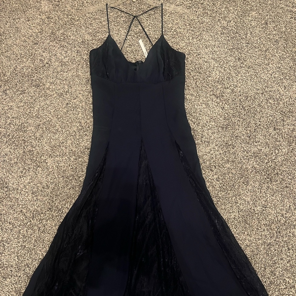 ASOS Navy Blue Midi Dress with Lace Accents